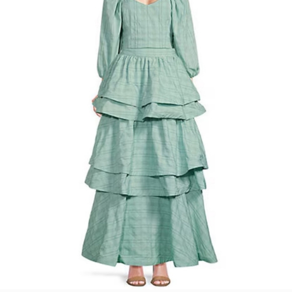 BuruTeagan Tiered Ruffle Textured Stripe Full Length A-Line Pocketed Coordinatin - Picture 10 of 12